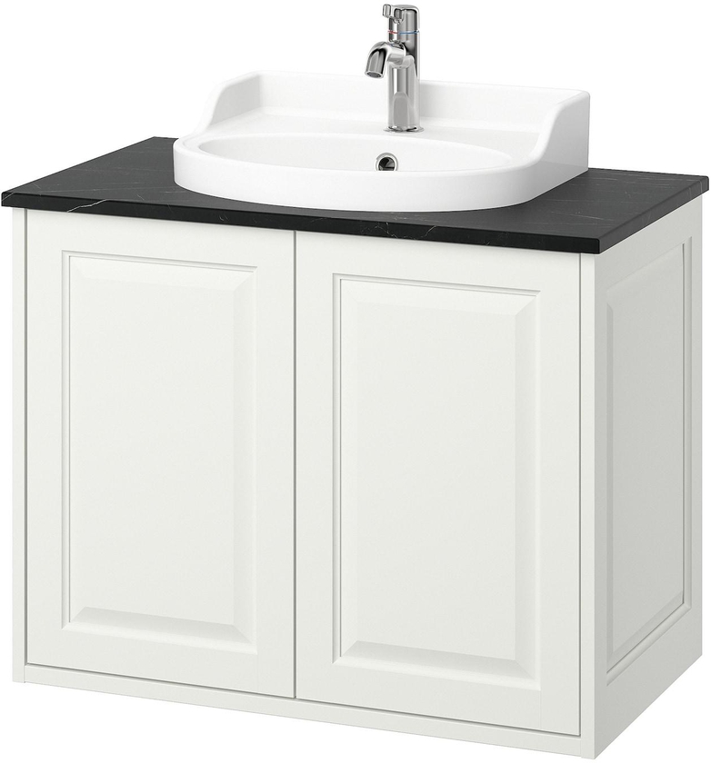 TÄNNFORSEN / RUTSJÖN Wash-stnd w doors/wash-basin/tap - white/black marble effect 82x49x76 cm