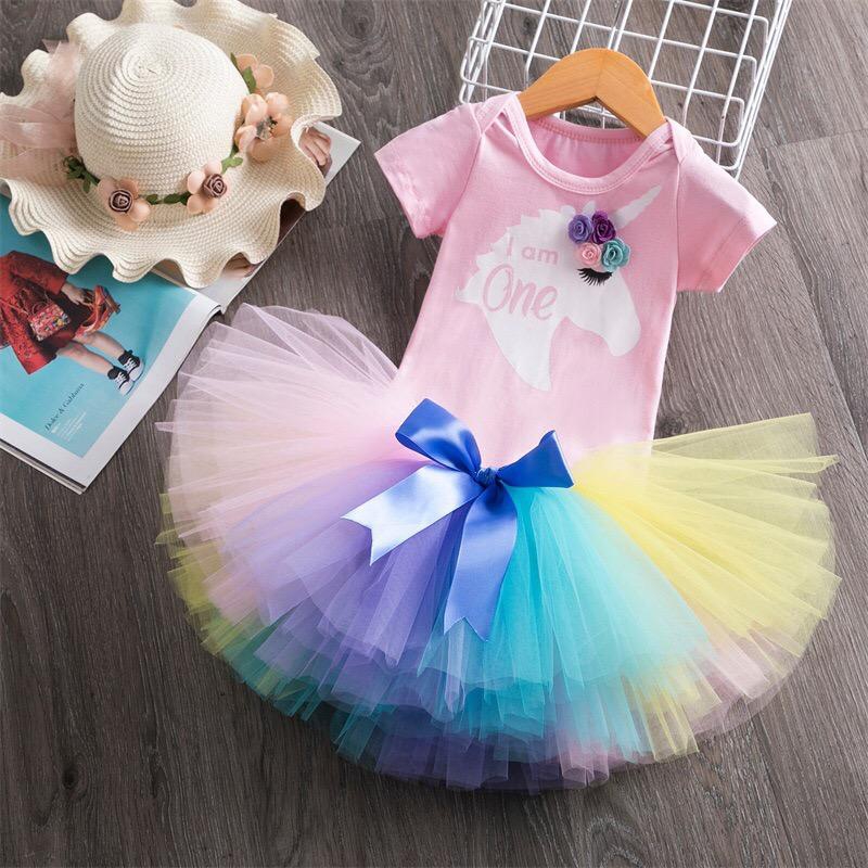 3-piece Baby/ Toddler 1-Year-Old Unicorn Print Bodysuit and Tutu Skirt (6 Colors)
