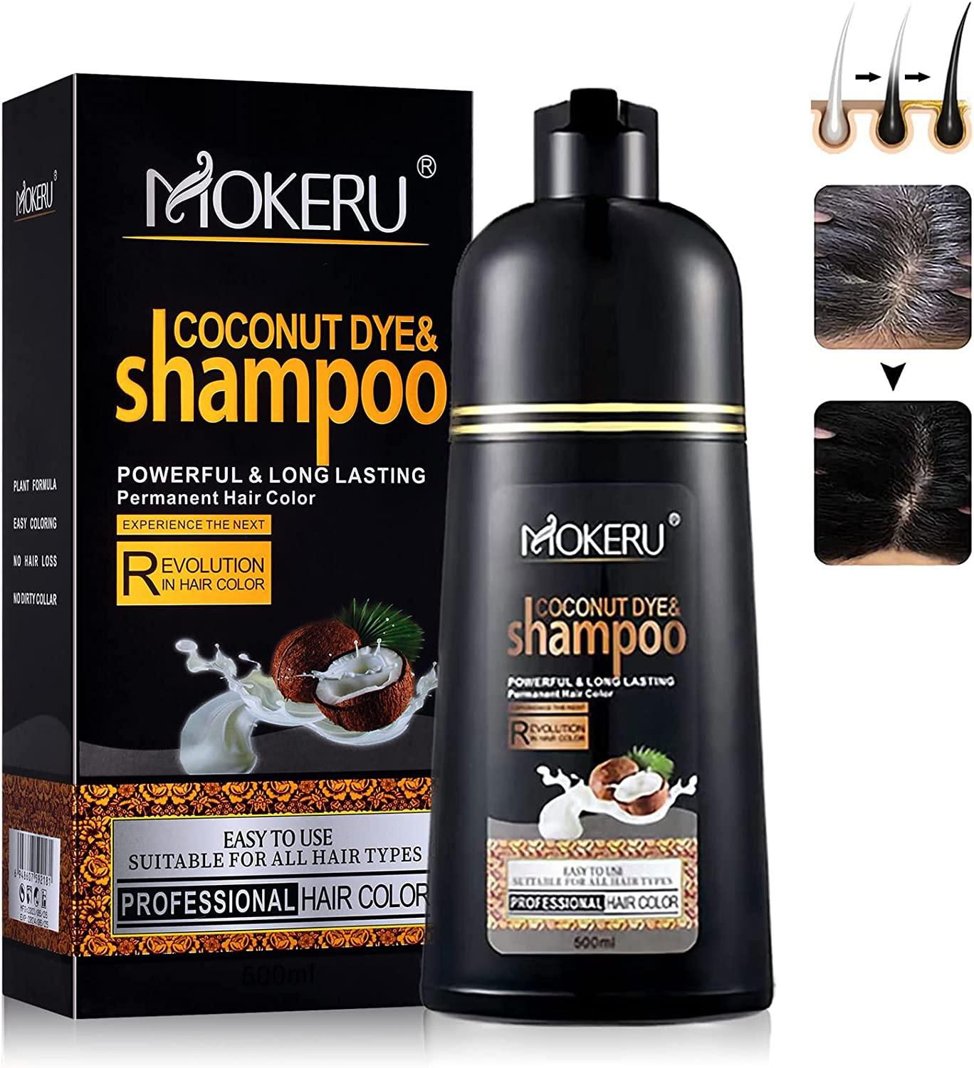 Mokeru Coconut Oil Hair Black Herbal Hair Dye Shampoo 3 in 1 for Women & Men,16.90 Fl Oz Black Hair Dye Easy to Use & long lasting Black Shampoo (Black)