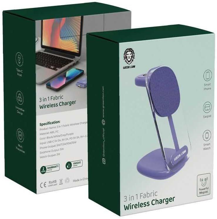 Green Lion 3 In 1 Fabric Wireless 15W Charger (Smart Phone 15W / Smart Watch 3W / Earpod Charger 5W), Powerful Magnet, Type-C Input Interface (Purple)