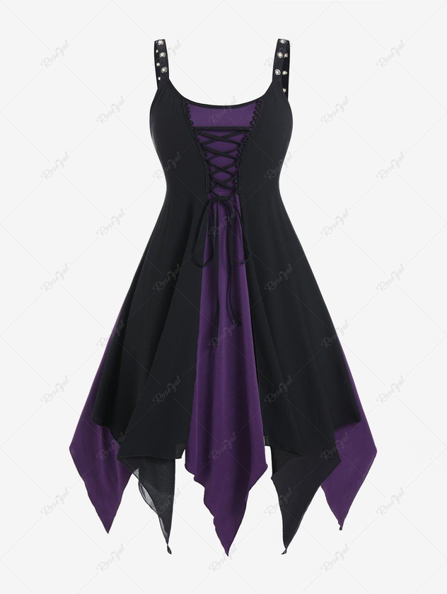 Plus Size Gothic Lace Up Grommet Backless Sleeveless Handkerchief Midi Dress - S | Us 8