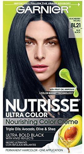 Garnier Nutrisse Ultra Color Nourishing Permanent Hair Color Cream, BL21 Blue Black (1 Kit) Black Hair Dye (Packaging May Vary)