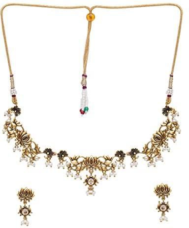 VOYLLA Apsara Lotus Motif Filigree Gold Plated Brass Jewellery Set, Onesize, Brass, No Gemstone