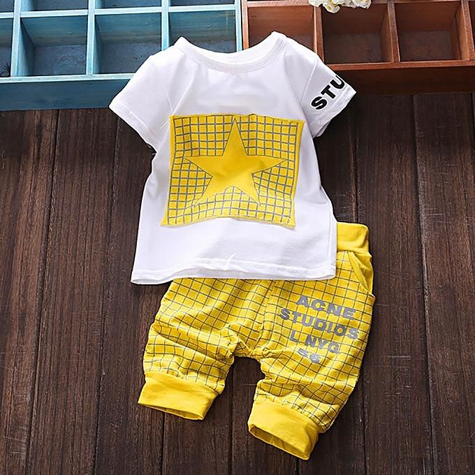 2Pcs Toddler Kid Boy Girl Letter Star Print Plaid Tops+Pants Outfits Clothes Set