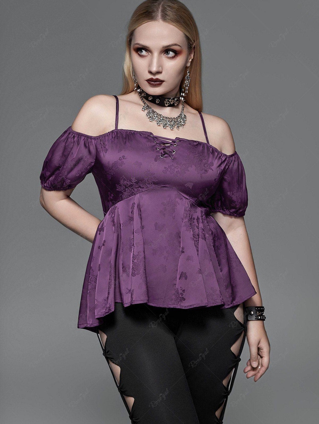 Gothic Floral Butterfly Embroidery Lace Up Cold Shoulder Top - L | Us 12