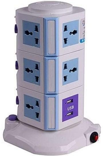 Universal Vertical Multi Socket 220V Tower Extension Electrical Outlet Lead with USB Ports 3M Cable and UK Plug Power Strip Multi Charging Station 3 Layers Multi Plug With USB Port Blue/White