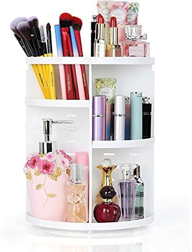 360-degree rotating cosmetic makeup organizer storage box Display Case with 4 Layers,Round white