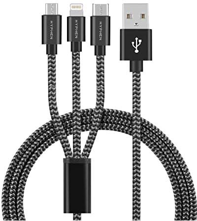 HYPHEN 3 in 1 (for Lightning+Type C+Micro-USB) Cable - 1M  | High-Density Braided Cable | Lightweight and Tangle-free Cable | Compatible with iOS and Android devices_Black