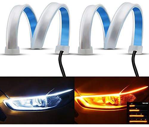 YEERON Flexible LED Light Strip 2Pcs 24 Inches Dual Color LED Headlight Surface Strip Light White Daytime Running Light and Yellow/Amber(Sequential Flowing) Turn Signal Lights Waterproof Switchback.