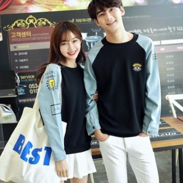 Lovers Couples Clothes Long Sleeve Patchwork Denim T-Shirt Loose Cute Korean Matching Couple T Shirt black s