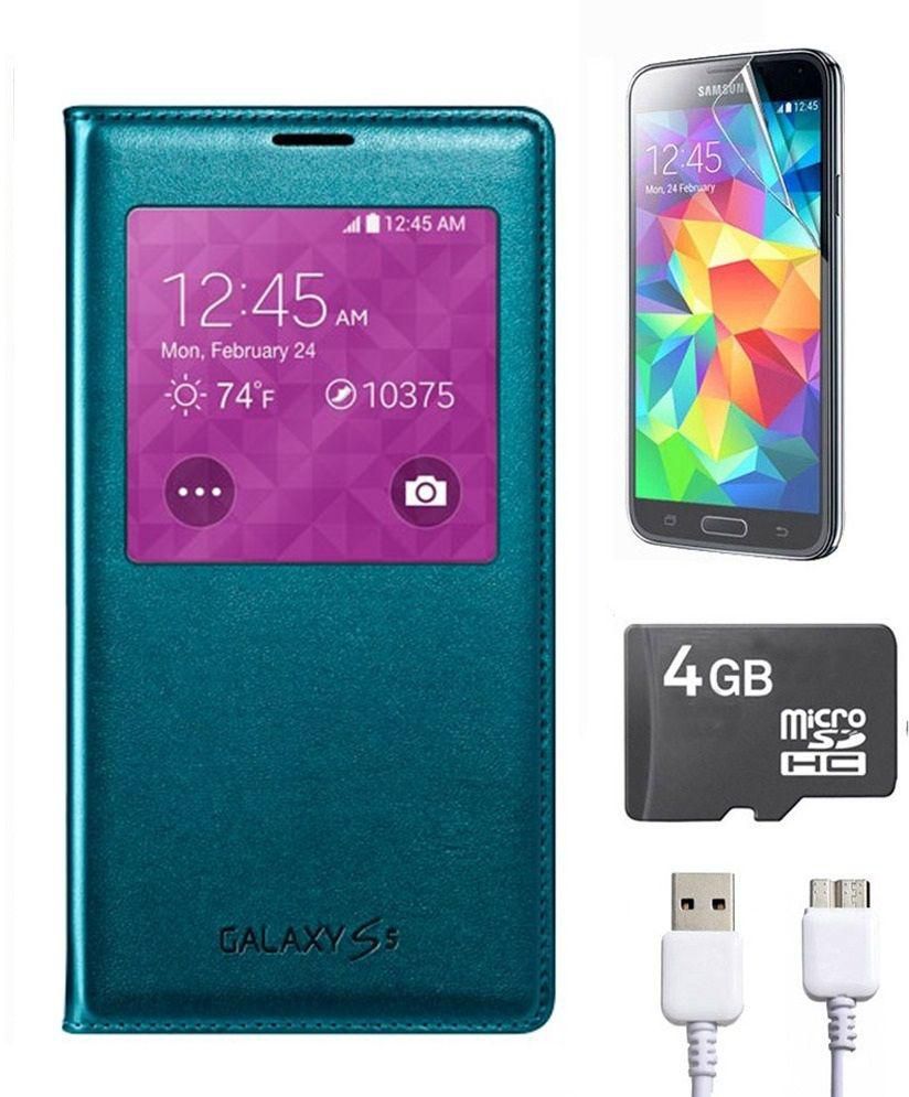 S-View FLIP COVER FOR Samsung Galaxy S5 G900 (Green) With Anti-Glare screen protector & Micro-USB 3.0 Charging Data Cable & 4GB micro SDHC MEMORY CARD