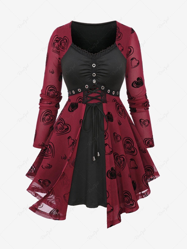 Plus Size Lace Up Grommets Rose Flower Heart Flocking Mesh Ruched Asymmetrical Long Sleeve  2 In 1 Top - 3x | Us 22-24