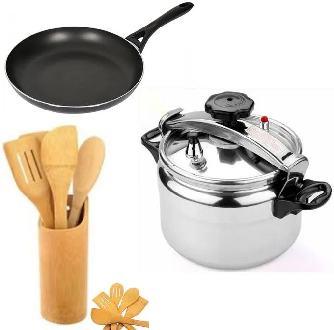 Generic Pressure Cooker + Non Stick Frying Pan + 5 Pieces Wooden Spoons Set