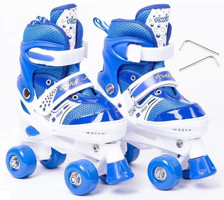 Power Superb Adjustable Roller Skate Shoes 2-Rows 4-Wheels, Blue/White