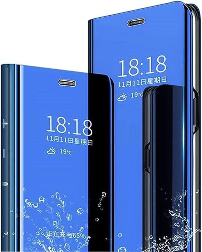 ELMO3EZZ Case For Samsung Galaxy A72 4G/5G, Case + Tempered Glass Screen Protector Flip Clear View Translucent Mirror Cover 360Â° Shockproof Smart Cover Bumper/Blue