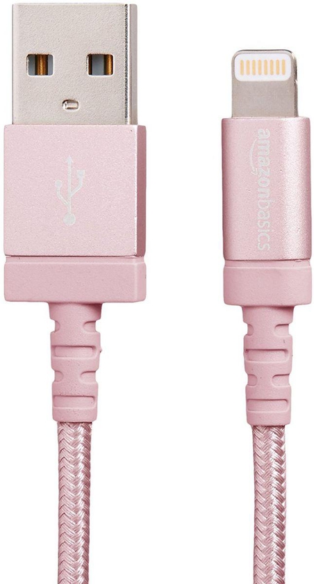 AmazonBasics Nylon Braided USB A to Lightning Compatible Cable - Apple MFi Certified - Rose Gold (6 Feet/1.8 Meter)