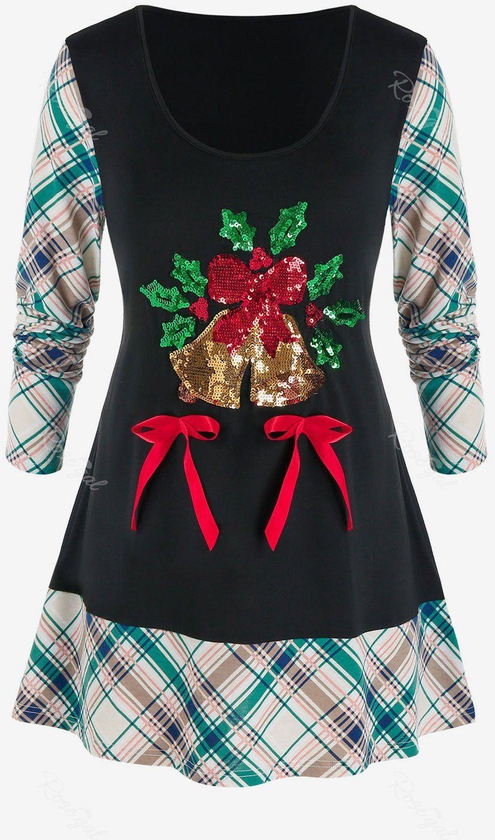 Plus Size Christmas Plaid Sequins Bells T Shirt - 3x
