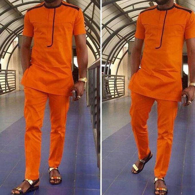 Fashion Orange African Clothing, Ankara Mens Outfit, Long Sleeve, Men's Top And Bottom,