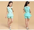 2pcs Fashionable Turn-Down Collar Sleeveless Lace Clothing Set with Belt for Girls Blue 150