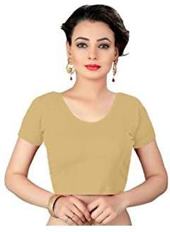 Indian Ethnic Design Stretchable Cotton Lycra Blouses Beige Tops Readymade Saree Blouses Short Sleeve Crop Top