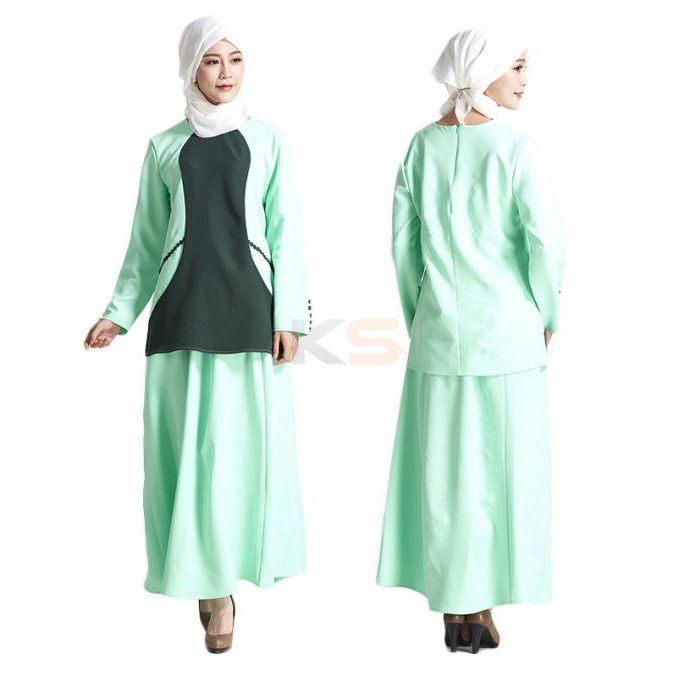 [2 PCS SET] Muslim Patchwork Color Contrast Top + Solid Color Long Skirt