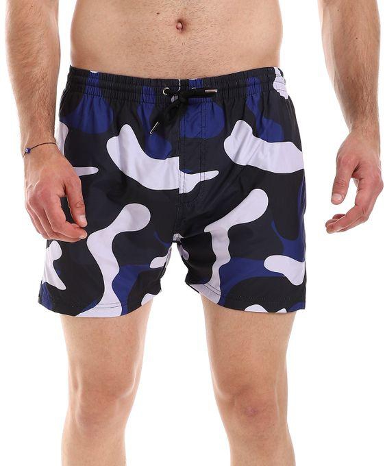 Pavone Camouflage Self Patterned Elastic Waist Swimshort With Side & Back Pockets - Navy Blue, Black & Grey