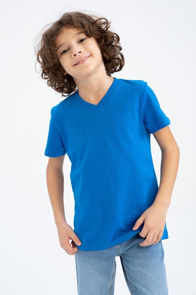 Defacto Boy Casual Regular Fit V Neck Knitted Short Sleeve T-Shirt - Blue