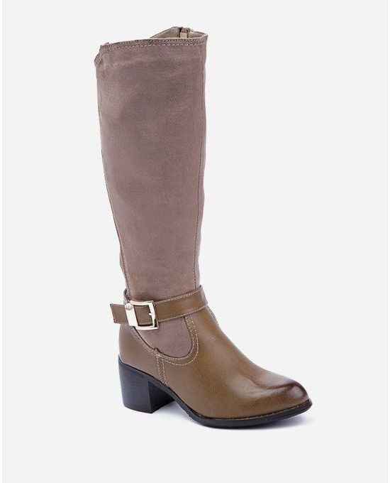 Varna Side Buckle Suede Knee Length Boots - Khaki