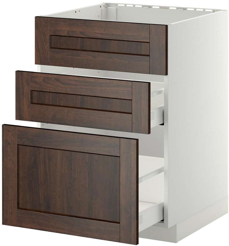METOD / MAXIMERA Base cab f sink+3 fronts/2 drawers, white, Edserum brown, 60x60 cm