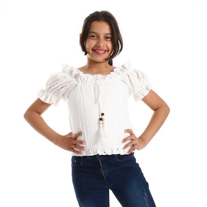 Perforated Off Shoulders White Girls Blouse