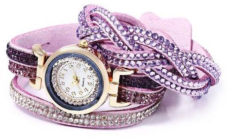 Generic Women Bracelet Quartz Wrist Watch Rhinestone Decorated Leather Band (Purple)
