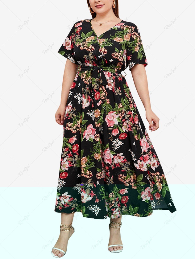 Plus Size Flower Leaves Print Surplice Belted Dress - 2xl