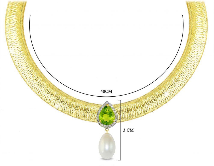 Vera Perla 18K Gold 0.12ct Diamonds, Peridot and 13mm White Pearl Necklace