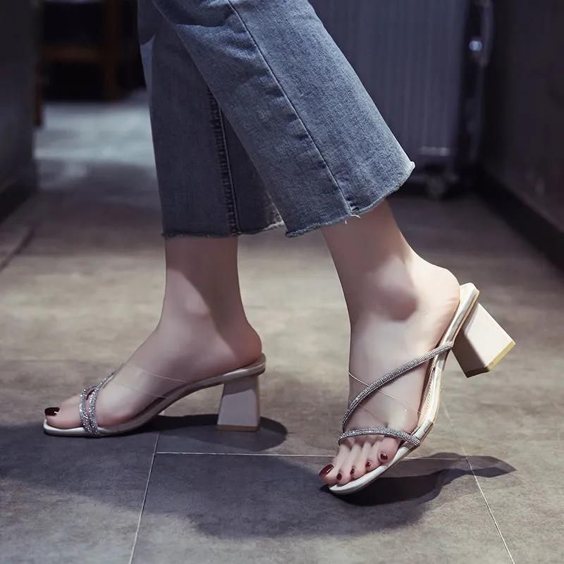 Thick-heeled sandals, women's high-heeled sandals and slippers, women's square-toed shoes in summer.