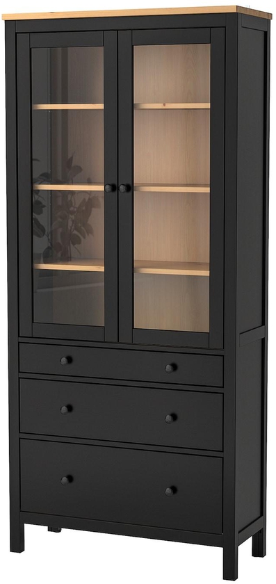 HEMNES Glass-door cabinet with 3 drawers - black-brown/light brown 90x197 cm