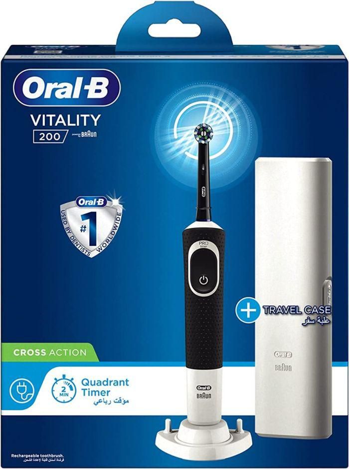 Oral B Vitality 200 electric rechargeable toothbrush, with travel case, Black.
