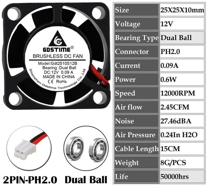 Gdstime 2Pcs Axial Cooler 25x25x10mm 2.5cm Mini Cooling Fan 2510 25mm Centrifugal Electric 3D Printer Fan 0.09A2510B12V2P2.0