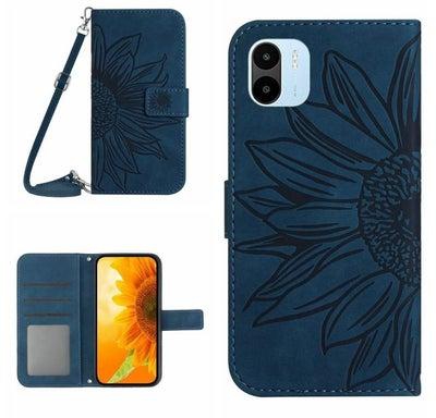 Case Cover For Xiaomi Redmi A1 Skin Feel Sun Flower Pattern Flip Leather Phone Case with Lanyard(Inky Blue)