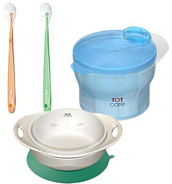 TOT Care Feeding Bowl With Rubber Base + 2 Weaning Spoons + Powder Container