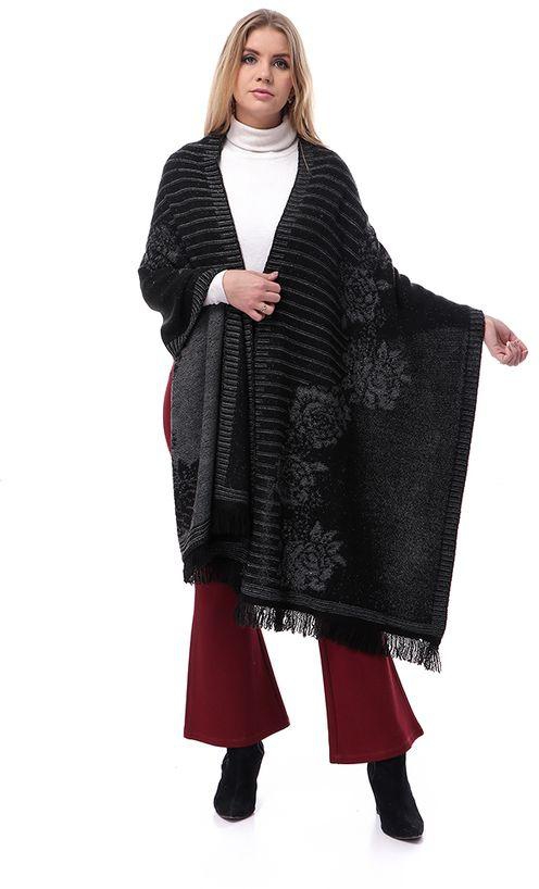 Knitted Stripes & Floral Heavy Shawl - Black