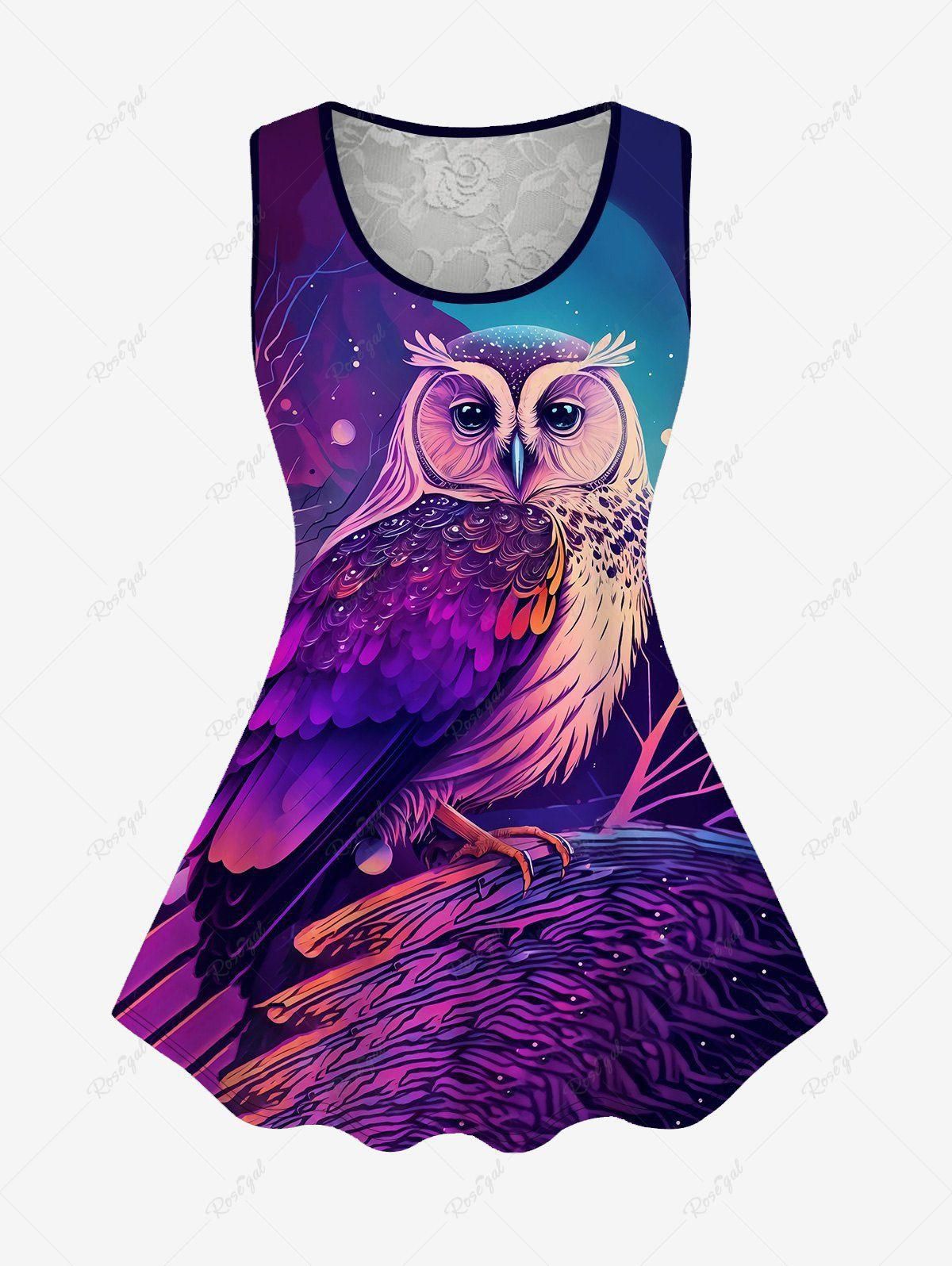 Plus Size Tree Owl Print Floral Lace Back Tank Top - 6x