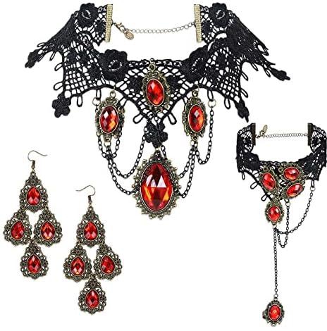 Women Gothic Necklace Jewelry Set,Black Choker Lace Necklace with Bracelet and Earrings Set,Punk Party Gothic Vintage Accessories for Wedding Party Masquerade Face