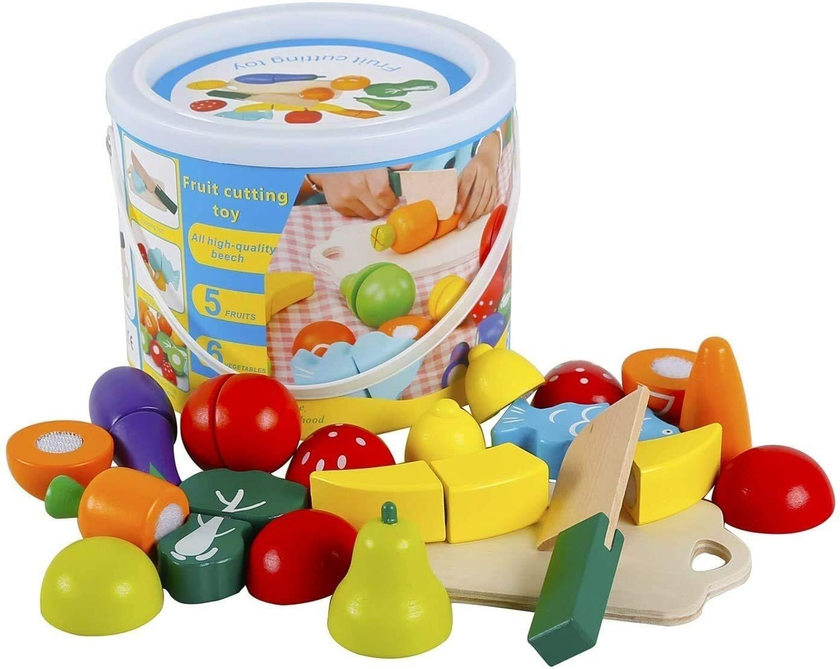 Doreen Play Food for Children Toy Food Sets Wooden Toys Vegetables and Fruits Cutting Set Wooden Kitchen Play Food Educational Toys Pretend Play Food Sets for Kids Boys Girls for Children&#39;s Day gifts（