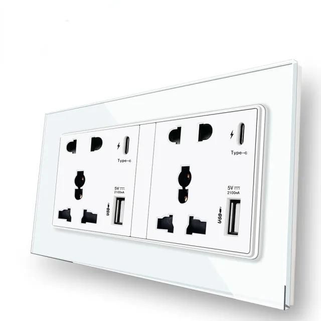 Type C Interface Socket, 2A USB Power port,Glass panel Wall Universal Dual Socket, 18W power 4A Smart Quick Charge Outlet