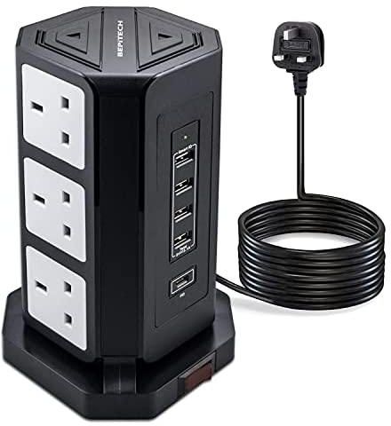 BEPITECH 14-in-1 USB-C (18W) Tower Power Extension, 2M Cord 9 UK UAE Socket Outlets with Fast USB-C & 4 USB-A Slots, Surge Protection Lead, Vertical Multi-Plug for Home/Office/Exhibition/Meeting
