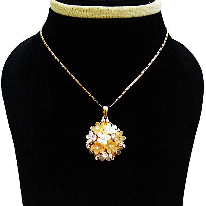 Dar Women's Pendant Necklace 18K Gold Plated With Off White And Orange Flowers Shape 45 Cm