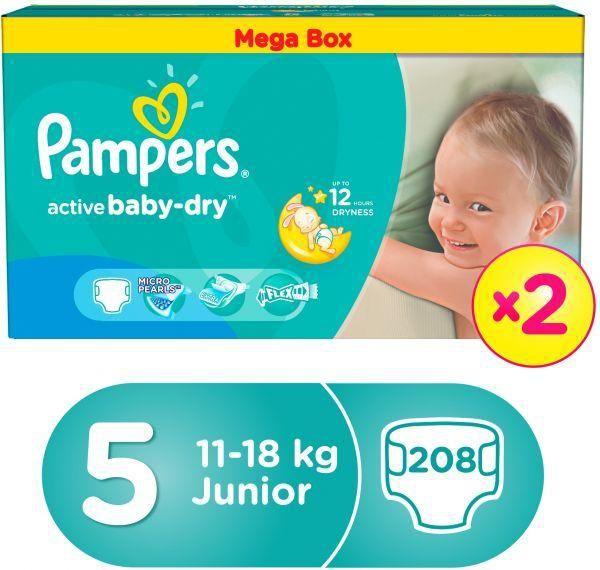 Pampers Active Baby Dry Diapers, Size 5, Double Mega Box - 11-18 kg, 208 Count