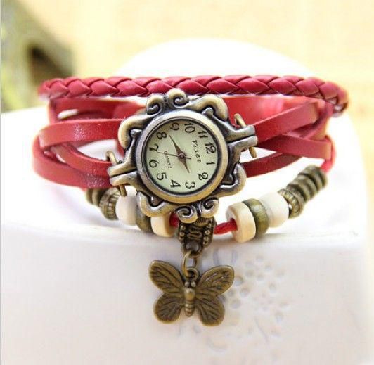 Women Genuine Leather Vintage Watch bracelet Wristwatches（Red)