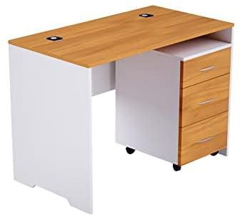 Mahmayi Zelda 246-12 Contemporary Office Desk Set with Mobile Three Drawer Filing Cabinet and Grommets - Efficient Workspace Solution for Productivity and Organization - Light Walnut/White (120Cm)