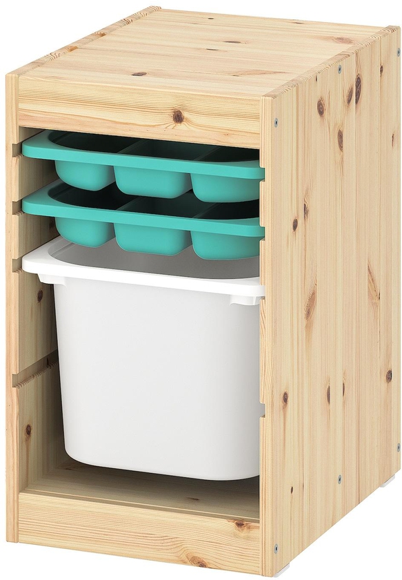 TROFAST Storage combination with box/trays - light white stained pine turquoise/white 32x44x52 cm